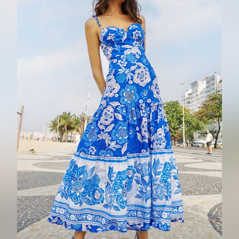 Farm Rio Blue Full Of Flowers Organic Cotton Midi Dress